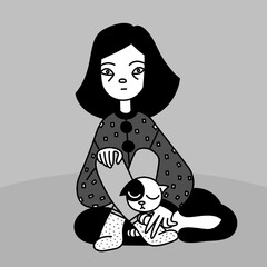 a portrait cartoon illustration of a girl sitting down frozen unable to move with a sleeping calico cat pet