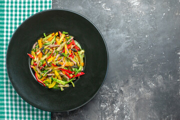 top view delicious vegetable salad inside plate on grey background health photo meal color free space