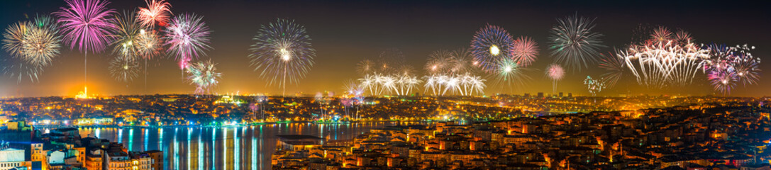 Fireworks cityscape panoramic view of Istanbul, Turkey