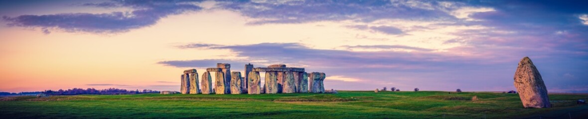 Stonehenge panorama at sunrise in England. United Kingdom 