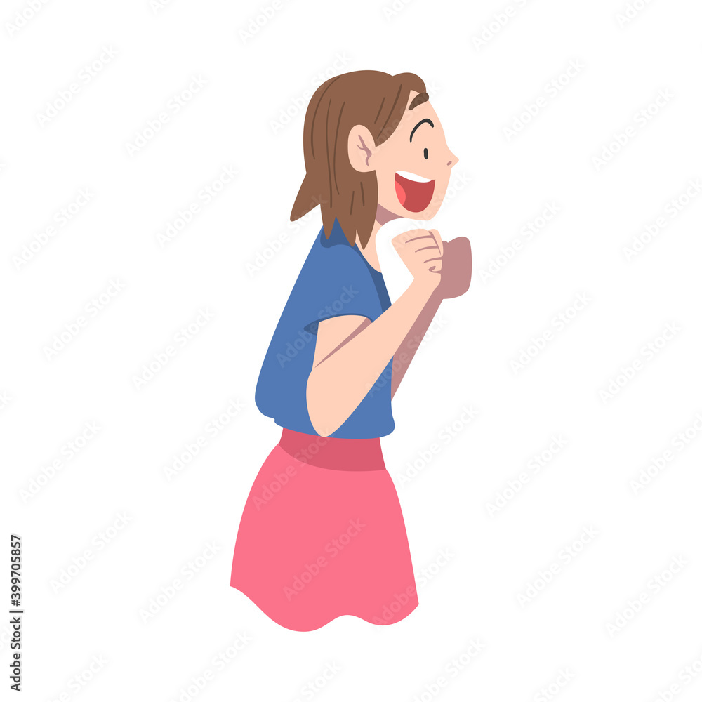 Sticker Happy Surprised Girl, Emotional Reaction Concept, Astonished and Amazed Person Cartoon Style Vector Illustration