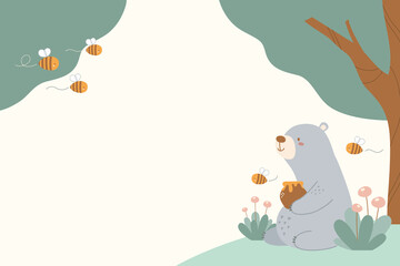 Spring scene background with cute bear, bees, flowers, and trees. Horizontal rectangle background for banners, posters, cards, and more. Flat style vector illustration.