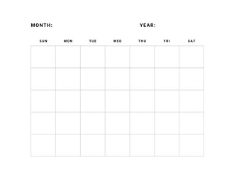 Sunday Start Monthly Calendar Template, Printable Undated Calendar, Blank Calendar Page, Minimalist Monthly Planner Template