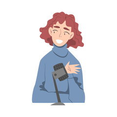 Smiling Young Woman Recording Audio Podcast with Microphone, Radio Host Communicating in Studio Cartoon Style Vector Illustration