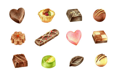 チョコレート　セット　手描き色鉛筆画