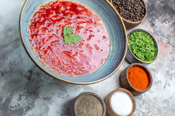 half-top view tasty borsch with seasonings on white background meal photo cuisine dish color