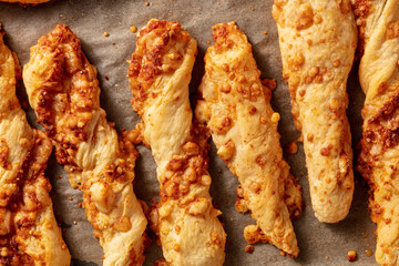 Homemade cheese straws on a baking tray, shot from the top