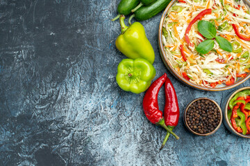 top view delicious salad with fresh vegetables on light-grey background diet meal food color