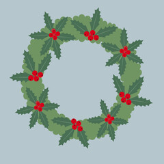 Christmas wreath with holly berries. Circle garland illustration. Flat design. Happy New Year theme.
