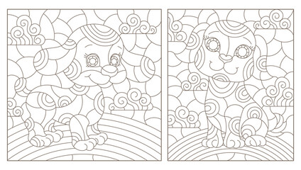 Set of outline illustrations in the style of stained glass with abstract dogs , dark outlines on white background, rectangular images