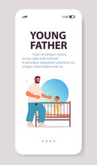 young father playing with little son in crib fatherhood concept dad spending time with his kid smartphone screen full length vertical copy space vector illustration