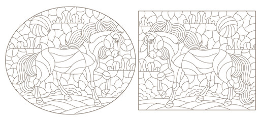 Set of contour illustrations in the stained glass style with horses on a landscape background, dark contours on a white background