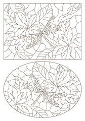 Set of contour illustrations in stained glass style with dragonfly and flowers, dark outlines on a white background