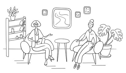 Female presenter asks famous celebrity on TV show. Popular woman-star gives interview to television presenter in broadcast studio. Internet interview channel concept. Cartoon vector illustration