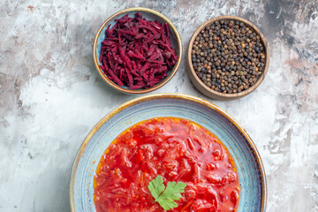 top view tasty borsch ukrainian beet soup on white background meal photo cuisine dish color