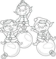 Cute cartoon elfs in hats on decoration balls sketch template. Christmas vector illustration of kids in black and white for games, background, pattern, decor. Coloring paper, page, story book, print