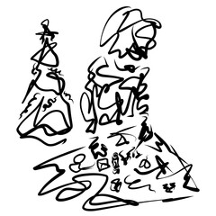 child makes a craft at the table or draws a postcard, a Christmas tree behind