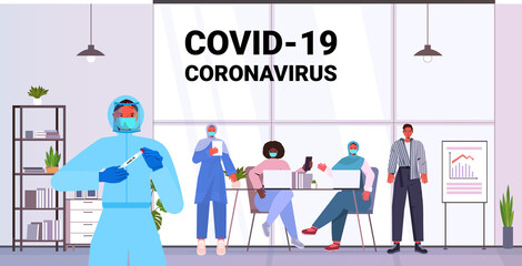 doctor in mask taking swab test for coronavirus sample from mix race businesspeople patients PCR diagnostic procedure covid-19 pandemic concept office interior horizontal vector illustration