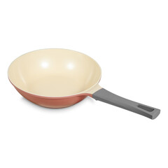 Round frying pan for cooking, kitchen utensils, dishes. Isolated on white background