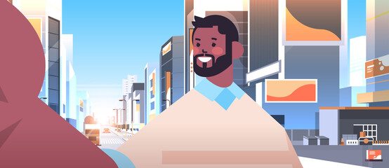 happy african american man taking selfie on smartphone camera guy making self photo cityscape background horizontal portrait vector illustration