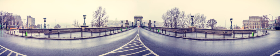 Chain bridge panorama on cloudy winter day. Budapest. Hungary