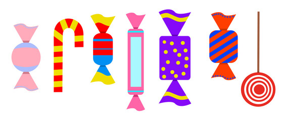 Set of colorful candies, chocolate, lollipop. Vector illustration on a white isolated background.