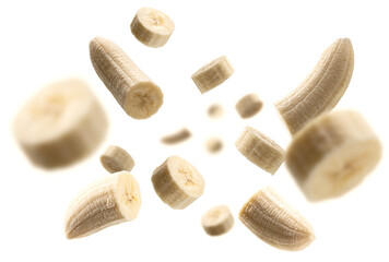 Pieces of peeled bananas levitate on a white background