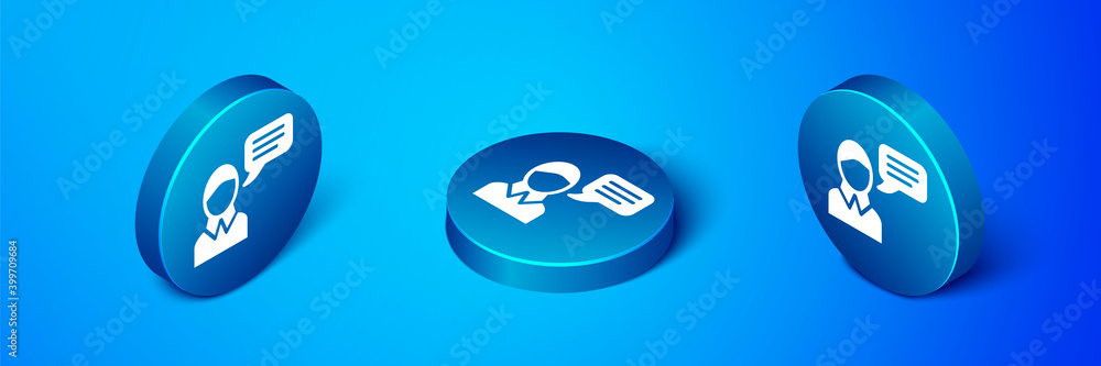 Poster isometric speech bubble chat icon isolated on blue background. message icon. communication or commen