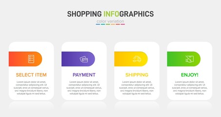 Concept of shopping process with 4 successive steps. Four colorful graphic elements. Timeline design for brochure, presentation, web site. Infographic design layout.