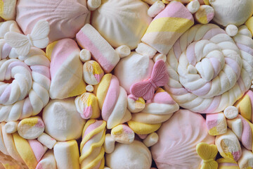 Sweet bouquet of colored marshmallows. Top view.