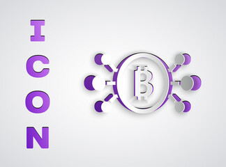 Paper cut Cryptocurrency bitcoin in circle with microchip circuit icon isolated on grey background. Blockchain technology, digital money market. Paper art style. Vector.
