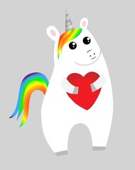 Cute cartoon unicorn with rainbow bangs and heart, simple vector illustration