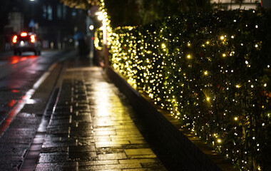 The sidewalk at night after the rain illuminated by the lights