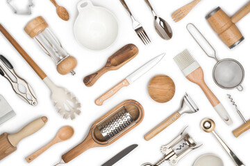 Kitchen utensils set for restaurant or home on white background - Powered by Adobe