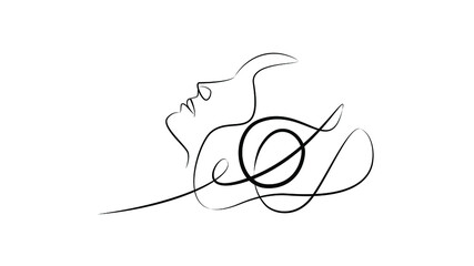 The girl listens to music. Black One line Vector illustration on white background