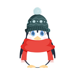 Cute little penguin in a winter hat and a red scarf. Baby penguin with cute look. For the design of cards and books. Vector illustration.
