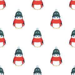 Seamless pattern with cute penguin in a winter hat and a red scarf. Baby penguin with cute look. Suitable for postcards, wrapping paper and posters. Vector illustration.