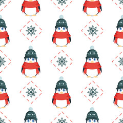 Seamless Pattern with cute penguin in a winter hat and a red scarf. Pattern with red threads and snowflakes. Suitable for postcards, books and posters. Vector illustration.