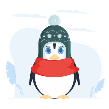 Baby penguin with cute look. Cute little penguin in a winter hat and a red scarf. For the design of cards and books. Vector