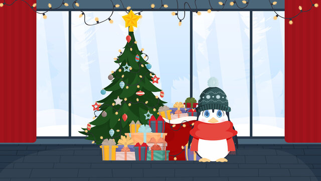 A small cute penguin stands in a festive room near a Christmas tree with a mountain of gifts. Penguin in a winter hat and a red scarf. Ready postcard or poster. Vector.