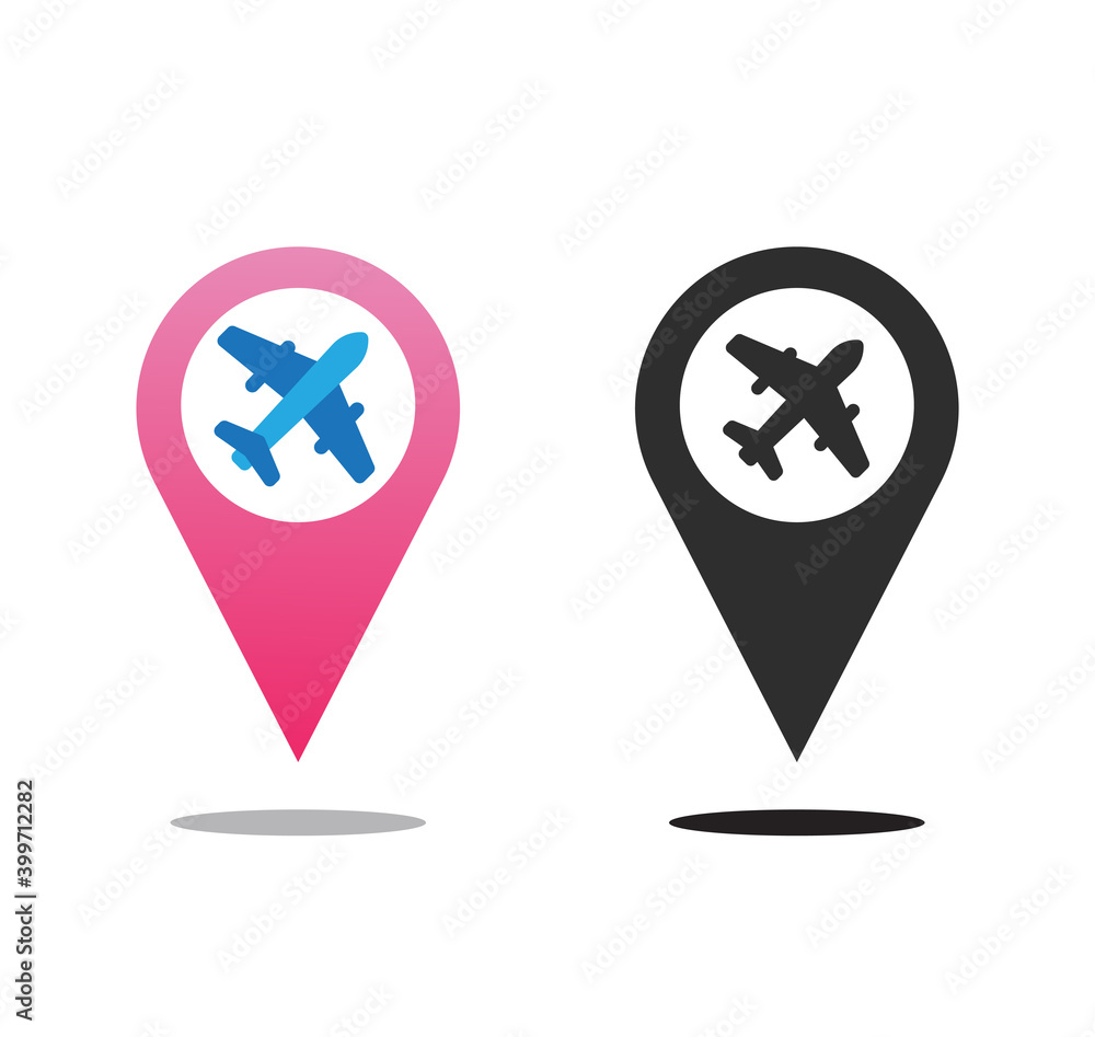 Poster pointer mark with airplane icon vector set, map pin shape silhouette with place as airport location 