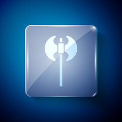 White Medieval axe icon isolated on blue background. Battle axe, executioner axe. Medieval weapon. Square glass panels. Vector.
