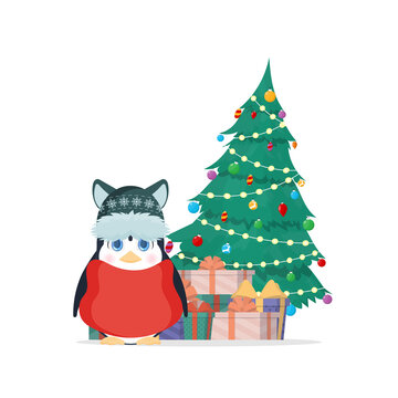 A little penguin with a cute look stands near a Christmas tree with a mountain of gifts. Penguin in a winter hat and a red scarf. Isolated. Vector illustration.