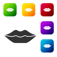 Black Smiling lips icon isolated on white background. Smile symbol. Set icons in color square buttons. Vector.