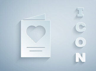 Paper cut Greeting card icon isolated on grey background. Celebration poster template for invitation or greeting card. Paper art style. Vector.