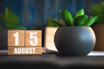 august 15th. Day 15 of month, Cube calendar with date and pot with succulent placed on table at...