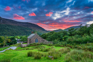 St James’ Church at sunset in Buttermere village. Lake District. Cumbria