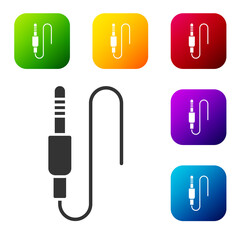 Black Audio jack icon isolated on white background. Audio cable for connection sound equipment. Plug wire. Musical instrument. Set icons in color square buttons. Vector.