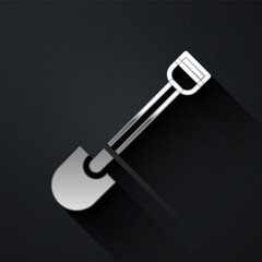 Silver Fire shovel icon isolated on black background. Fire protection equipment. Equipment for firefighter. Long shadow style. Vector.
