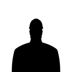 silhouette of a man in a hard hat. Black isolated image on a white background, vector illustration